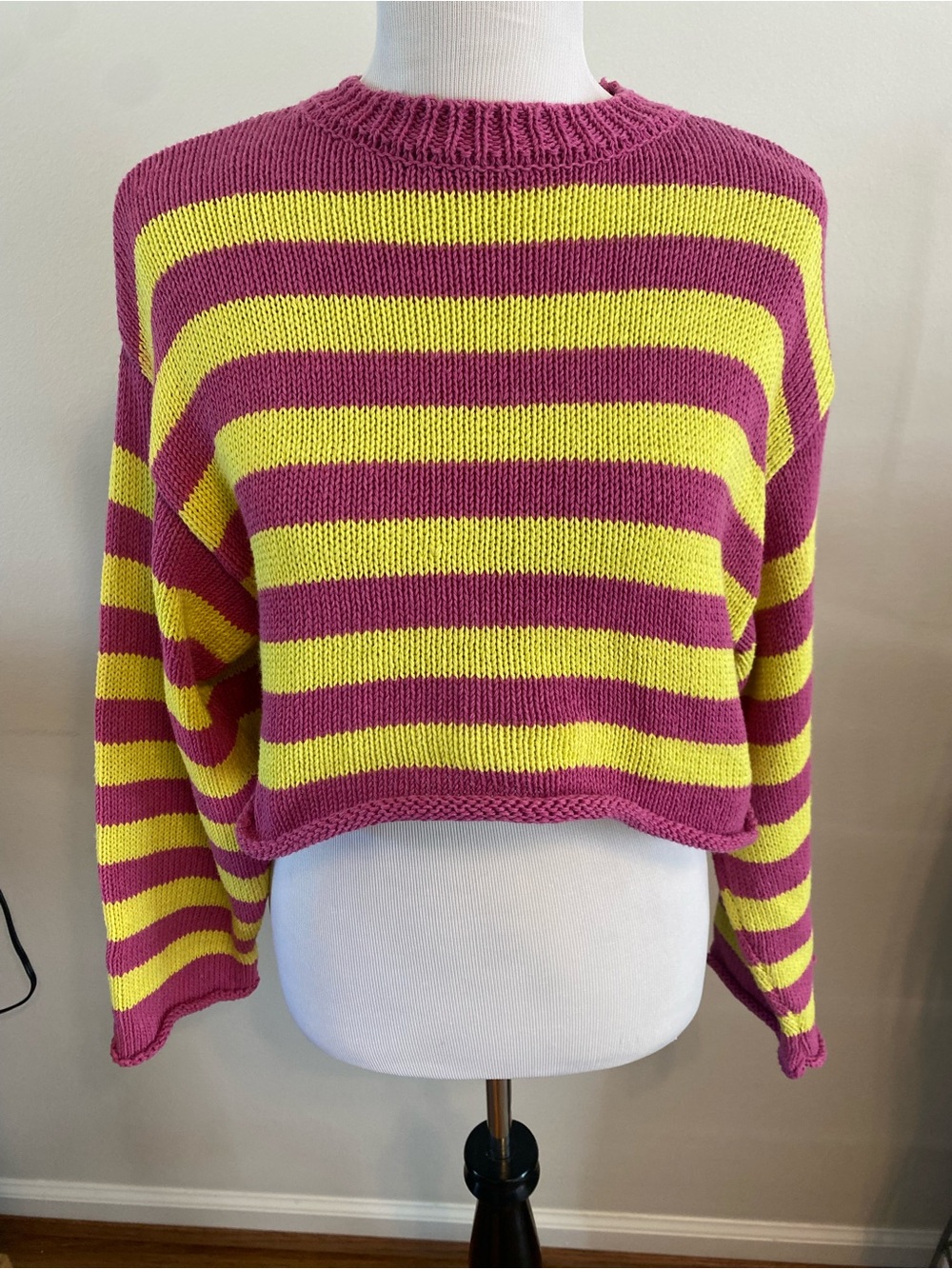 Zara Striped Cropped Crewneck Sweater in Pink and Yellow
